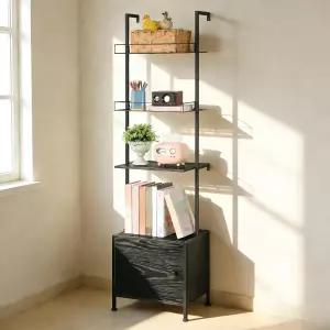 서랍이 있는 Vrisa 4단 사다리 책장 벽걸이 수납 선반 금속 프레임이 블랙 거실 침실 사무실 검은색 진열장