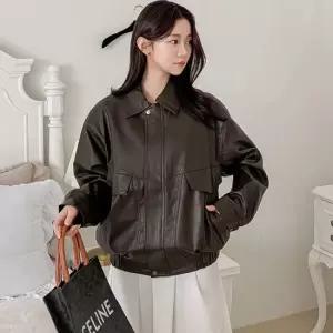 여자 가죽자켓 카라넥 오버핏 밴딩 히든집업 봄 점퍼