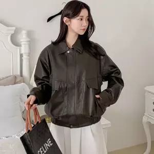 [옷자락] 여자 가죽자켓 카라넥 오버핏 밴딩 히든집업 봄 점퍼