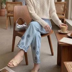 연청 밑단 꽃 펀칭 자수 데님 팬츠 3size