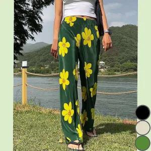 여성플리츠팬츠 바캉스룩 쿨 여자 휴양지룩 빅플라워 쿨여름 냉감바지 꽃무늬 시원한긴opq799
