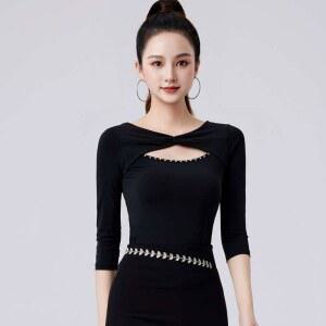 라인댄스복상의 가슴 트임 포인트 소매 왈츠 라틴 반팔 룸바 자이브 탱고 줌바복 칠부