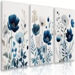 LLEEMPI 프레임 네이비 블루 플로럴 월 아트 3종 세트 모던 와일드 플라워 장식 수채화 식물 캔버스 페인팅