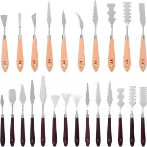 29개 팔레트 나이프 세트 나무 손잡이가 있는 스테인리스 스틸 번호가 매겨진 페인트 주걱 아크릴 페인팅을