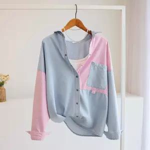 [잇수다] 오드버 핑크 스트라이프 배색 오버핏 연청 데님 셔츠 남방