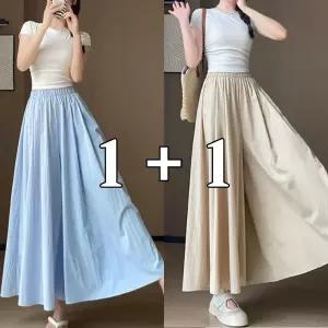 (총 2장) 롱와이드 여성 쿨링 플레어 치마바지 4color / 체형커버 밴딩 와이드 치마바지