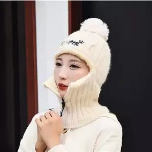 방울비니 여성용 넥워머 일체형 니트방울모자 지퍼오픈