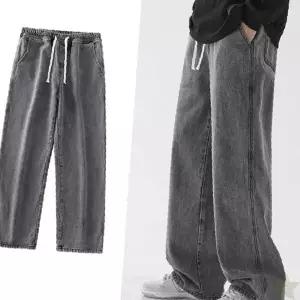 남성 캐주얼 와이드 핏 밴딩 허리 편안한 데님 팬츠 청바지 루즈핏 일자 통넓은