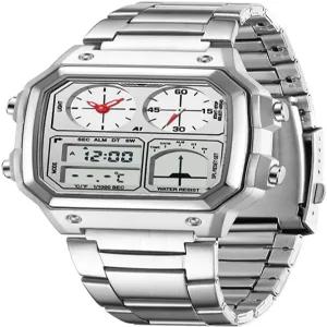 팬미스 남성용 럭셔리 디지털 쿼츠 방수 손목시계 듀얼 타임 카운트다운 알람 스톱워치 백라이트 다기능