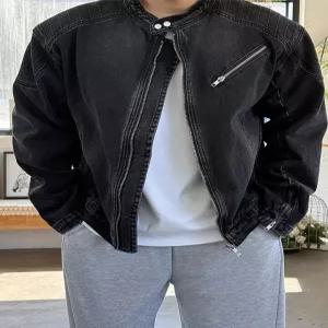 [이룰]바이커 숄더아머 퀄팅 크롭 오버핏 데님 청자켓