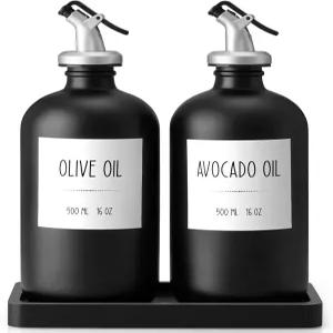 주방용 올리브 오일 디스펜서 병 16온스 유리 및 식초 크루트 세트우드 트레이 54개 라벨 포함 커피 시럽