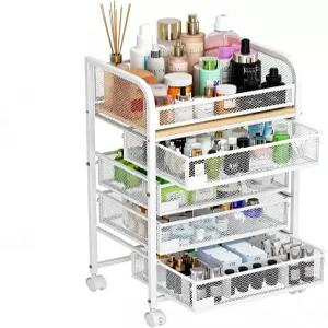 서랍 4개가 있는 메이크업 보관함 스킨케어 제품 바퀴가 달린 바닥 마감 백 향수 랙 매니큐어 브러시