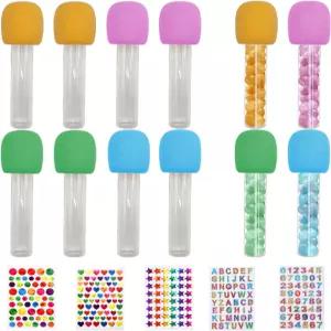 마이크 캔디 튜브 다양한 색상의 가짜 소품 반짝이는 스티커가 있는 뮤지컬 노래방 테마 파티용 플라스틱