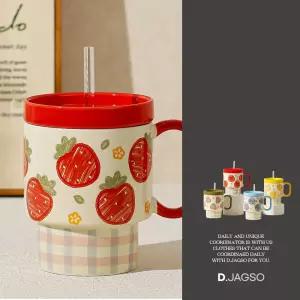 [디자이너몰]딸기 체크 패턴 빨대 텀블러 머그컵