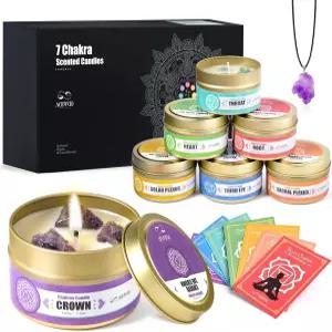 크리스탈이 있는 AOOVOO 차크라 캔들 7 세트 위한 영적 선물 테라피 소이