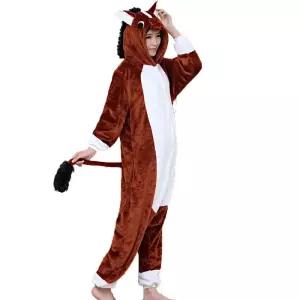 성인 남녀 여성 원지 도매 동물 Kigurumi 잠옷 갈색 말 Onesies 후드 점프 슈트 겨울 플란넬