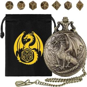 스팀펑크 드래곤 포켓 워치 쉘 케이스가 포함된 미니 DND 주사위 세트 7개의 다면체 금속 스타터 로고 선물