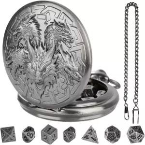 빈티지 드래곤 포켓 워치 케이스가 포함된 GEAoffice DND 주사위 세트 테이블탑 롤플레잉 게임용 솔리드
