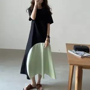 여성 루즈핏 밑단 배색 반팔 여름 데일리 롱 원피스