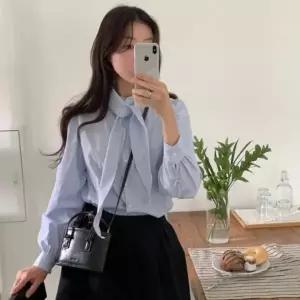 여성 하객룩 셔츠 긴팔 스트라이프 스카프 블라우스