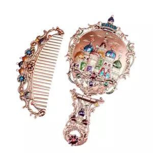 핸드헬드 미러 세트 빈티지 메이크업 및 빗 앤티크 베니티 화장품 장식 엠보싱 헤어 브러시 여성용 선물