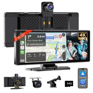 10 26인치 카스테레오용 HD 카플레이 화면, 1080P 백업 카메라, 블루투스, 미러 링크, GPS, AUX 64GB의 카플레이 및 Android Auto와 함께하는 4K Dash Cam 무선 휴대용 터치스크린 카플레이