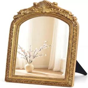 책상용 럼드로우 스몰 빈티지 골드 미러 10인치 x 7인치 스탠드가 있는 앤티크 테이블탑 배니티 침실