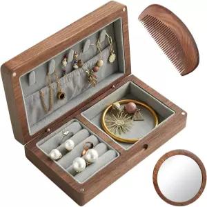 모코즈 3피스 세트 주얼리 정리함 반지 귀걸이 목걸이 또는 여성 생일 선물용 거울 및 빗이 있는 나무 박스