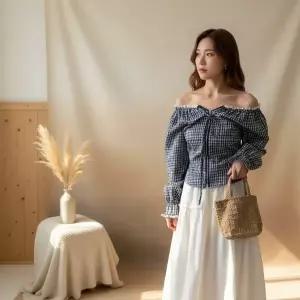 [다잇템] 여성 빅사이즈 봄여름 볼드숄더 격자 롱슬리브 블라우스