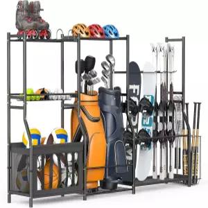 월만 차고 스포츠 장비 정리 스탠드 볼 빈과 골프백 홀더가 있는 프리스탠딩 스키 및 스노보드 보관 랙