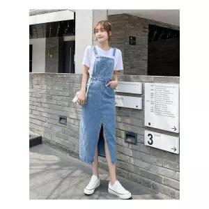 앞트임 청 멜빵 데님 롱 뷔스티에 원피스치마 오버롤스 롤스 트임스 캐주얼한 페미닌한