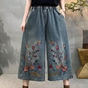 [애슬릿] 자수 청바지 여성 여름 7부 통 넓은 데님 와이드 팬츠