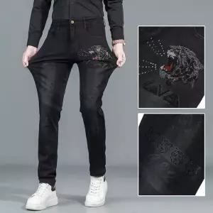 후니오 검정 자수 하이핏 스판 청바지 긴바지 스키니진 남자슬림청바지 UNO1