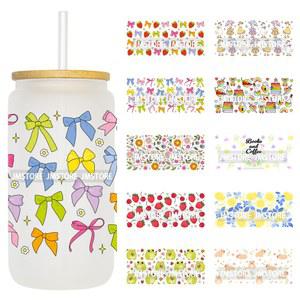 플로럴 코케트 보우 유리캔 DTF 텀블러용 방수 딸기 UV 16 레몬 스티커 전사 로고 북시쉬 리비