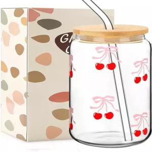 뚜껑과 빨대가 달린 FMJZJF 핑크 보우 체리 잔 16온스 스 커피 컵 대나무 귀여운 유리 캔 밀크 모카 아침