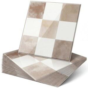 누안추 20개 베이지 룩소 필 앤 스틱 백스플래시 7.75인치 x 3D 접착 벽 타일 주방 욕실 벽난로용 방수 체크무늬