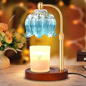 타이머가 있는 신센텐 조절식 플라워 캔들 워머 램프, 병 캔들을 위한 로터스 튤립 유리 라이트, 전기 왁스 워밍 멜터, 여성 엄마를 선물, 빈티지 침실 장식(블루)