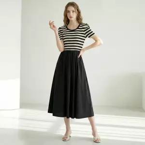 [인베스트] 퍼프 소매 배색 롱 원피스_IN6M1OP3551