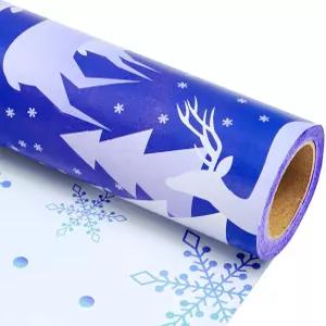 EWES 블루 크리스마스 포장지 롤 빈티지 에스테틱 우아한 중성 선물 랩 순록 패턴 트리 및 눈송이 리버서블