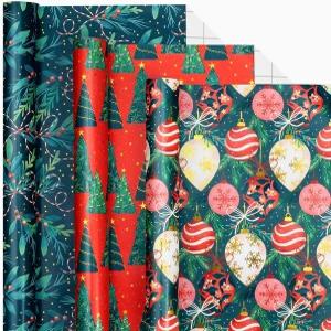 리트리피 크리스마스 포장지 3 미니 롤 귀여운 트리/빨간 공/초록 잎 선물 랩 메탈릭 호일 샤인 17인치 x