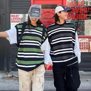 [옷자락]여자 남자 오버핏 스트라이프 배색 캠퍼스룩 니트조끼