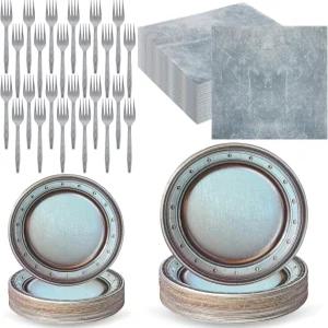 징모어 96개 중세 파티 용품 캐슬 해적 생일 빈티지 디너 라운드 실버 그레이 종이 접시 냅킨 포크