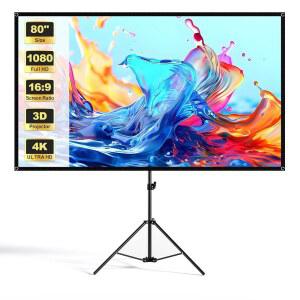 스탠드가 있는 휴대용 프로젝터 화면, TWjouko 80인치 투사 실내외 영화의 밤을 위한 케이스가 삼각대 PVC 주름 없는 16:9,4K HD