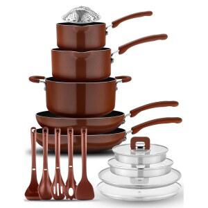 뉴트리셰프 스페이스 세이버 17피스 논스틱 조리기구 세트 - 쌓을 수 있는 디자인의 갈색 냄비와 프라이팬, 접이식 손잡이, 인덕션 준비 완료