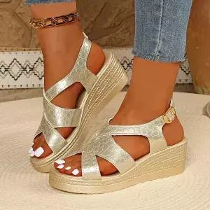 여름 여성용 편안한 빅사이즈 돌무늬 토오픈 통굽 웨지힐 버클 웨지 힐 샌들 슈즈 admr2