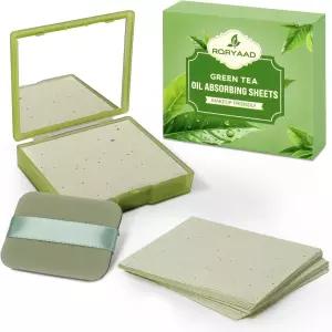 미러 앤 퍼프가 포함된 얼굴용 오일 블로팅 시트 100매 녹차 흡수 용지 모든 피부 타입을 위한 휴대용