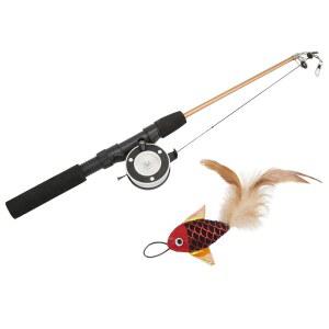 뷰피 고양이 낚싯대 장난감, 장난감 티저 완드 유연한 인터랙티브 풀리 텔레스코픽 (빨간 물고기 + 낚싯대)