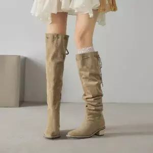 여성 하이탑 슬림핏 조절식 통굽으로 부츠 웨지힐 뾰족코 끈 CH5