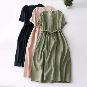 EAMT 원피스 여친 미디 여름 빈티지 정장 조임 단색 라운드넥 벨트 면마 YJ2