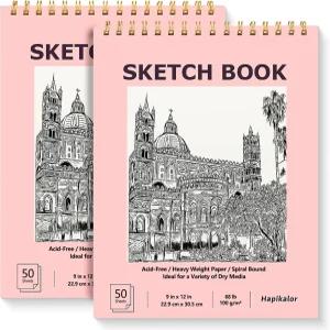 9인치 x 12인치 스케치북 2팩 50매 나선형 바운드 아트 애시드 프리 아티스트 드로잉 북 페이퍼 용 미술